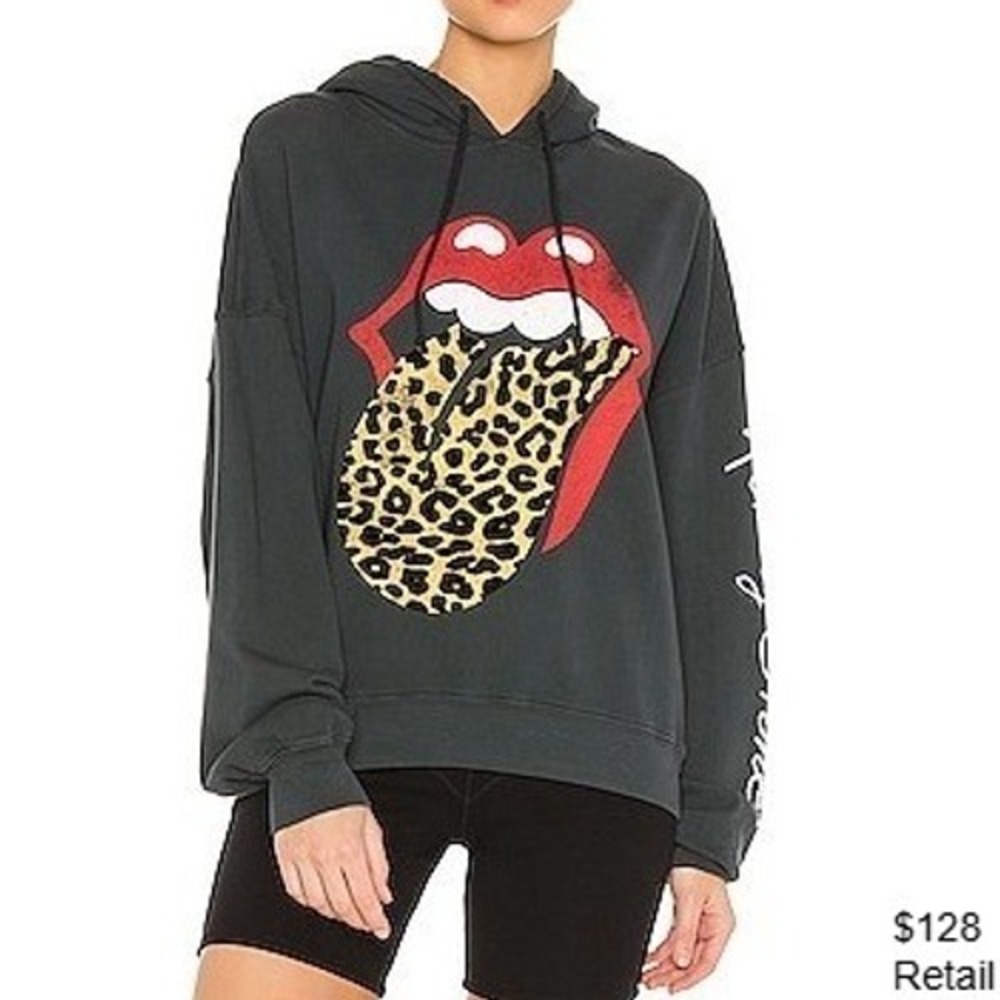 DAYDREAMER Rolling Stones Hoodie M Flocked Drop Shoulder Leopard Grunge Oversize